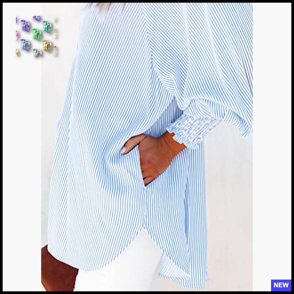 Oversized Striped Button Down Blouse Smocked Cuffs Casual Chic Y2K Style - Picture 5 of 7